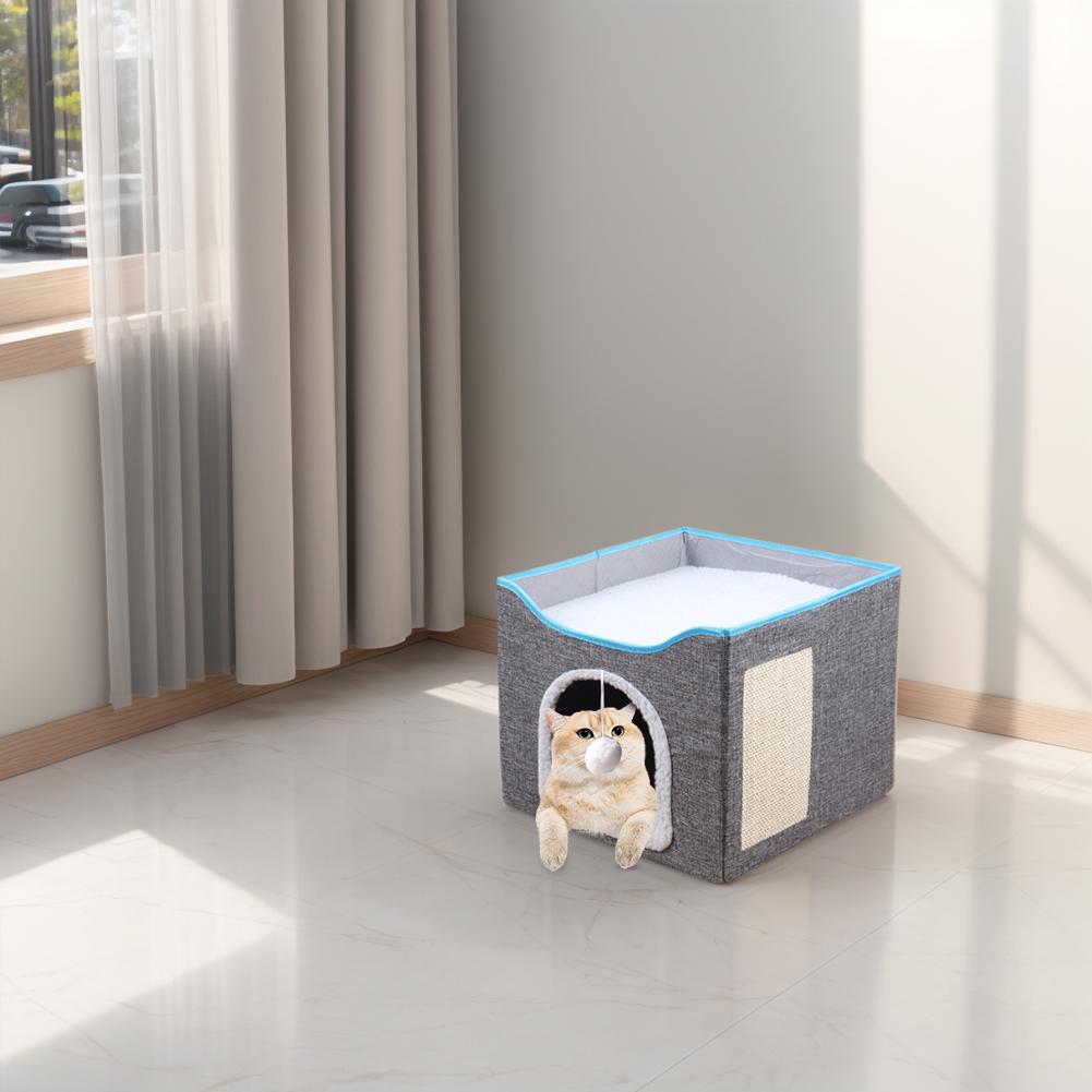 Cat Bed Cat Cube Cave with Fluffy Ball & Scratch Pad Pet Play House Large Kitten Sleeping Bed Comfortable for Indoor Cats