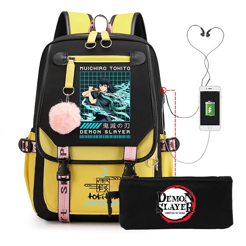 Two-dimensional peripheral day man ghost extinguishing backpack pencil bag large capacity student leisure schoolbag with USB port