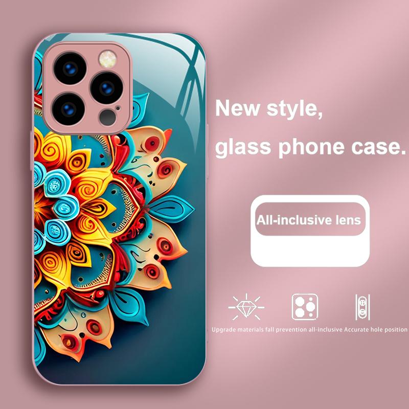 Abstract Flower Green For IPhone 16 Pro Max 15 P Lus 14 Pro 13 12 Mini 11 P Ro Max X XS 7 8 Plus 2022 Tempered Glass Phone Case