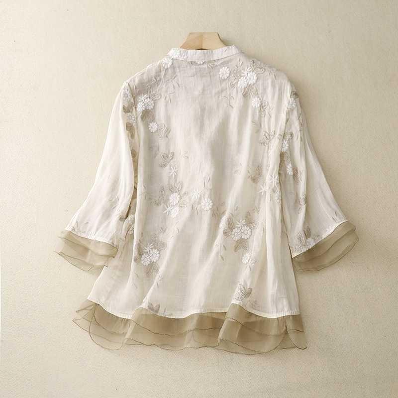 Women Floral Embroidery Stand Collar Three Quarter Sleeve Blouse