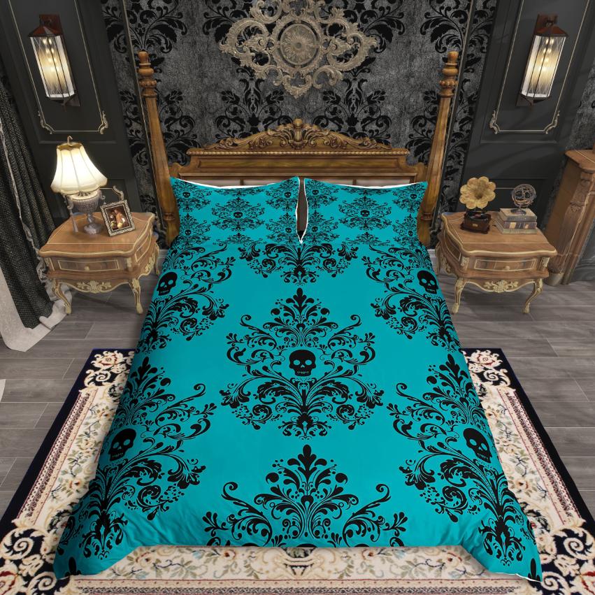 Homewish Vintage Damask Floral Duvet Cover Set,Gothic Skull Comforter Cover Set,Yellow Black Bed Set For Men Women