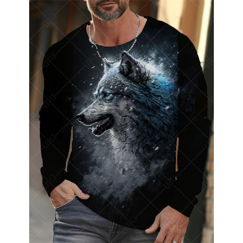 Men's T Shirts Vintage Animal Wolf Long Sleeve Tops Autumn Sweatshirt Graphic Casual Hip Hop Fashion Clothing O-neck T-shirts