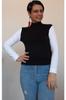 Women's Style Big Size T-Shirt Black Half Turtleneck Combed Cotton Viscose T-Shirt With White Color Block On Sleeves