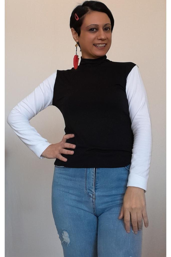 Women's Style Big Size T-Shirt Black Half Turtleneck Combed Cotton Viscose T-Shirt With White Color Block On Sleeves