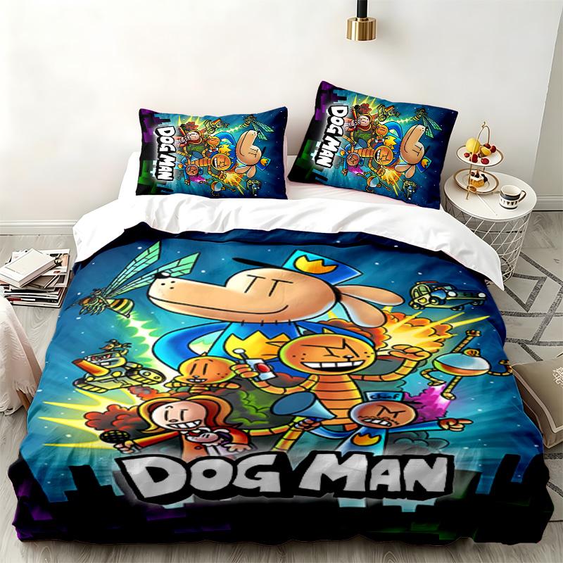 Dog Man 3pc set Perfect for bedroom use Comfortable bedding set includes a duvet cover and two pillowcases Ideal birthday or Christmas gift