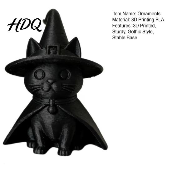 Themed Party Photo Props Gothic Witch Hat Black Cat Figurine, 3D Printed Wizard Cloak Kitten Small Sculpture for Study Room Statue, Spooky Cute