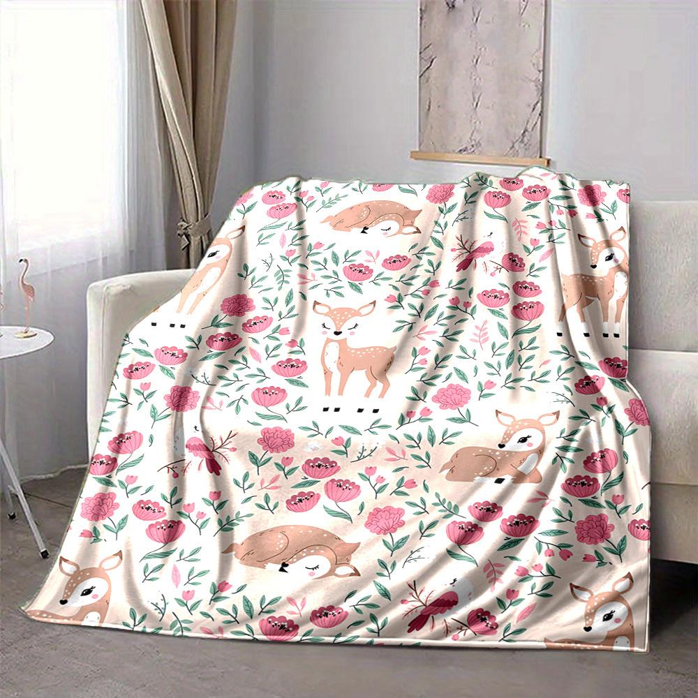 1pc Deer Floral Lightweight Flannel Blanket, Comfortable and Warm Blanket, for Office and Camping Sofa Bed, Livingroom158