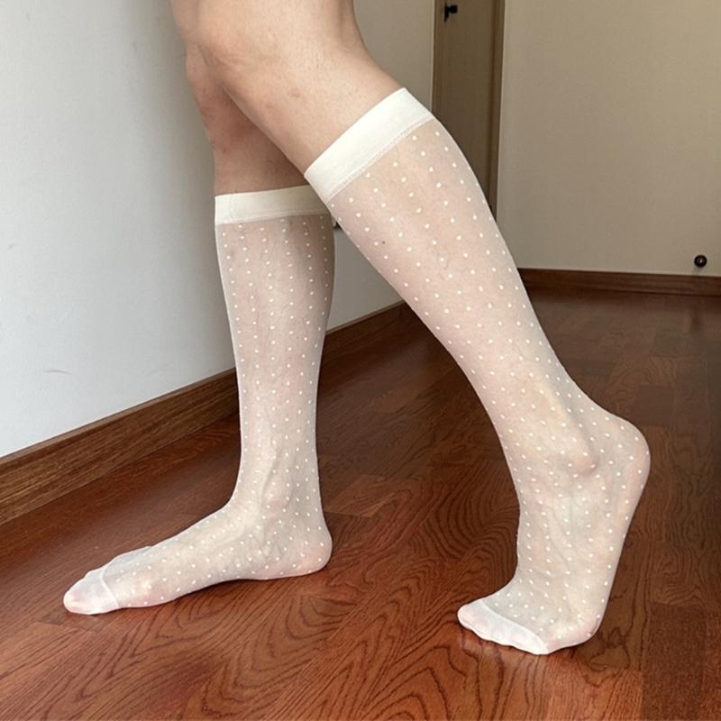 Men's Fashionable Sheer Over the Calf Long Socks Breathable See Through Dot Pattern Dress Suit Socks for Business Wear