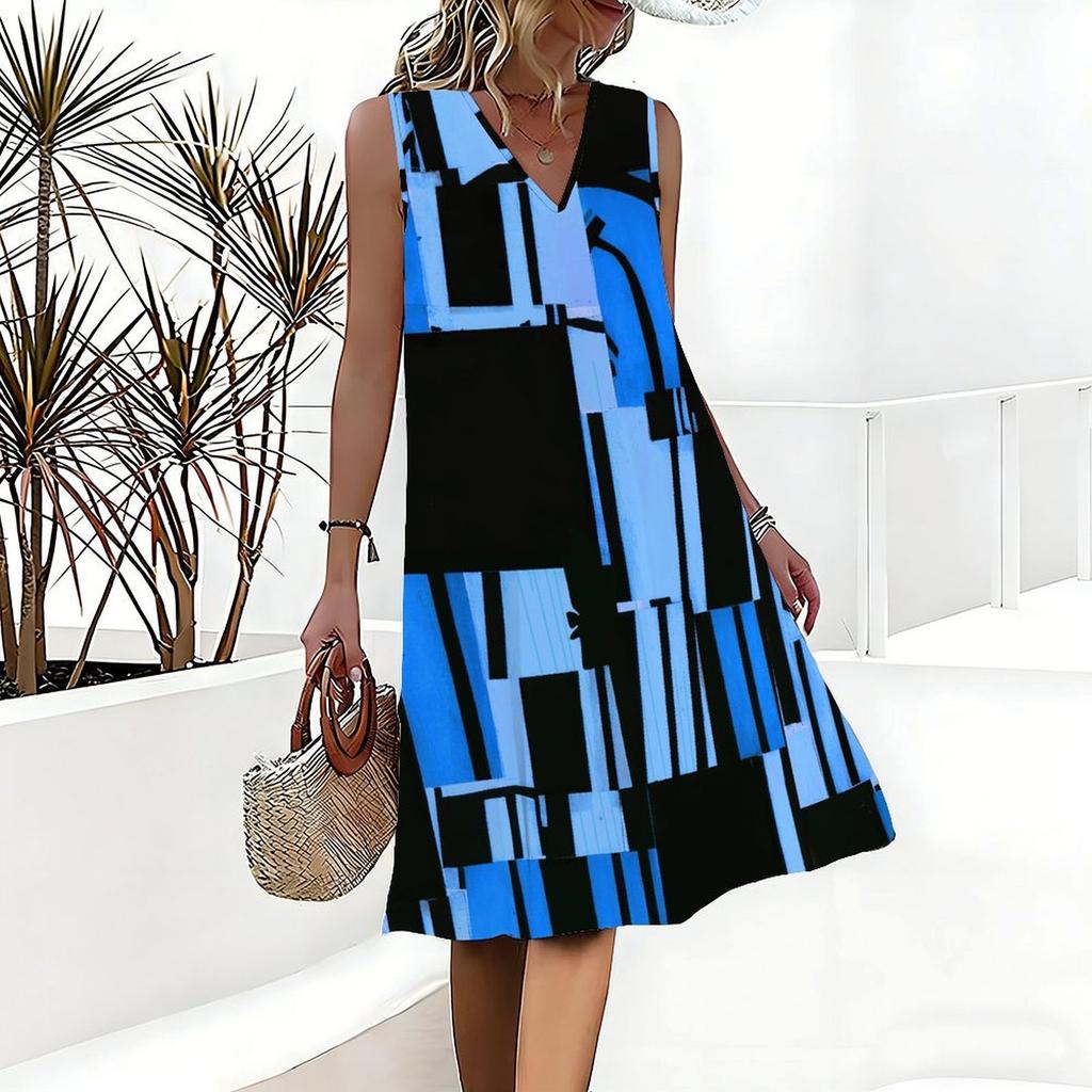 Plus Size V Neck Sleeveless Green Bamboo Brook Stone Path Print For Elegant Summer Holiday Wear