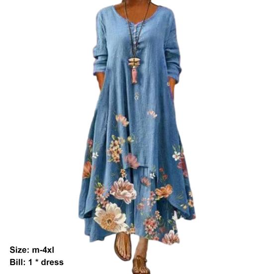 Loose Dress Round Neck Ankle-length Irregular Hem Floral A-line Dress With Pocket for