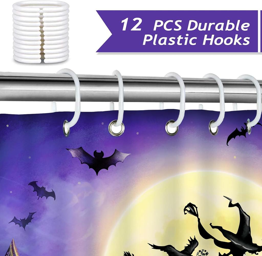 Halloween Shower Curtain, Scary Night Witch Pumpkin Full Moon Haunted House Bathroom Curtain Polyester Fabric Waterproof