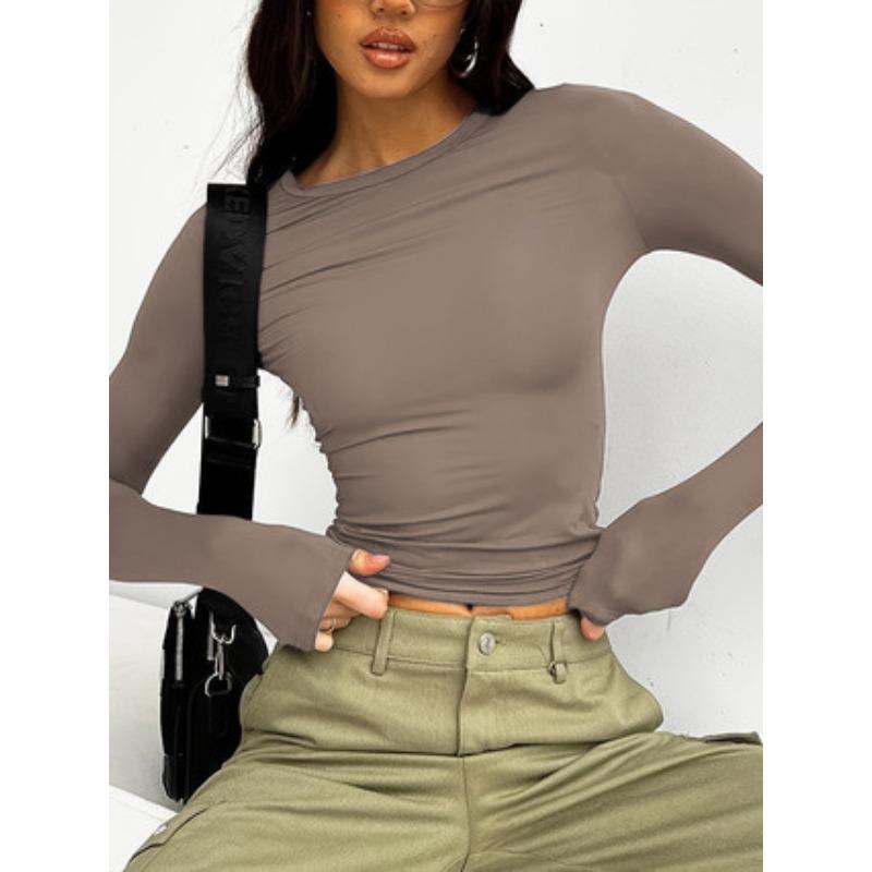 Solid Color Casual Round Neck Long Sleeved T-shirt Top
