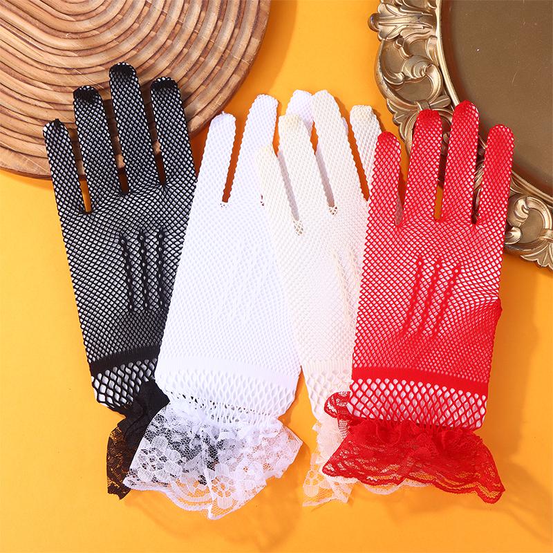 Elegant Ladies Short Lace Gloves Sheer Fishn Net Prom Party Gloves Female's Fashionable Soild Color Full-finger Mittens