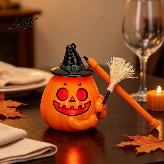 Handheld Pumpkin Pole Light Glowing Halloween Lantern, Jack O Lantern with Witch Hat Broom, Lightweight Prop Up Decor, Trick or Treat for Kids