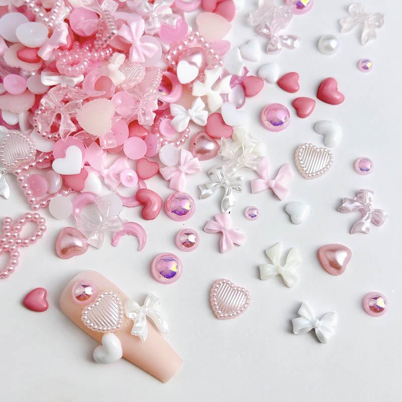 50pcs Barbie Pink Girly Nail Art Accessories: Iridescent Hearts, Bows, Pearl Embellishments, Press-On Nails.