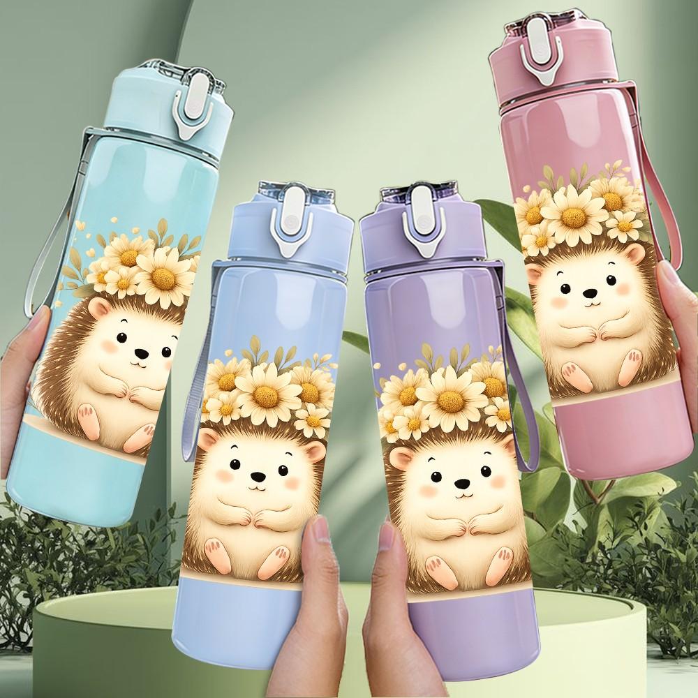 1PC Sunflower Hedgehog Cartoon 750ml Color Plastic Sports Water Bottle Leakproof Flip Straw Lid Suitable for Sports Office Home Use