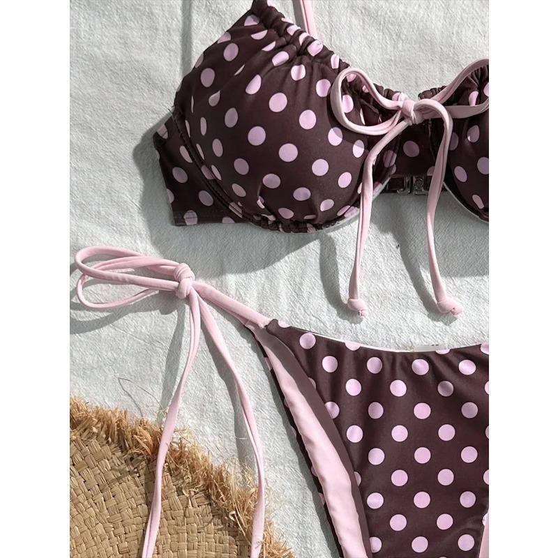 Vintage Brown Pink Polka Dot Bikini Set Women 2026 Summer Tie Side High Cut Swimsuit Two Piece Bathing Suit