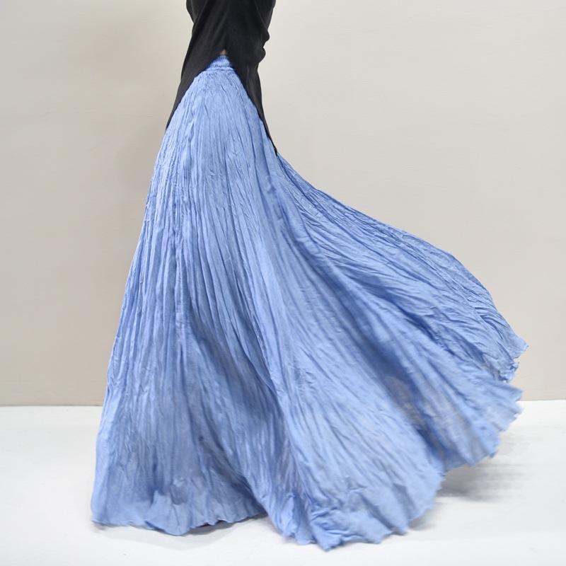 Women's Linen Maxi Skirts Summer Boho Solid Beach Elastic High Waist Pleated A-Line Flowy Swing Long Maxi Skirts Elastic Waist Long Skirt for Women