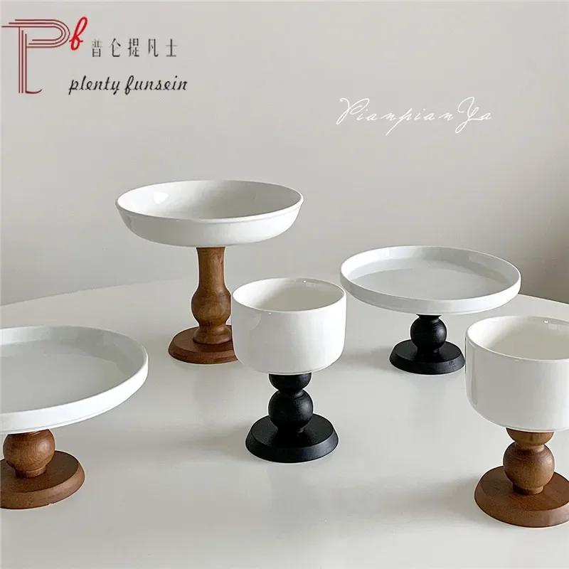 Ins French Retro Solid Wood Splicing Ceramic Goblet Coffee Cup Tray Tableware Home Decoration Photo Props