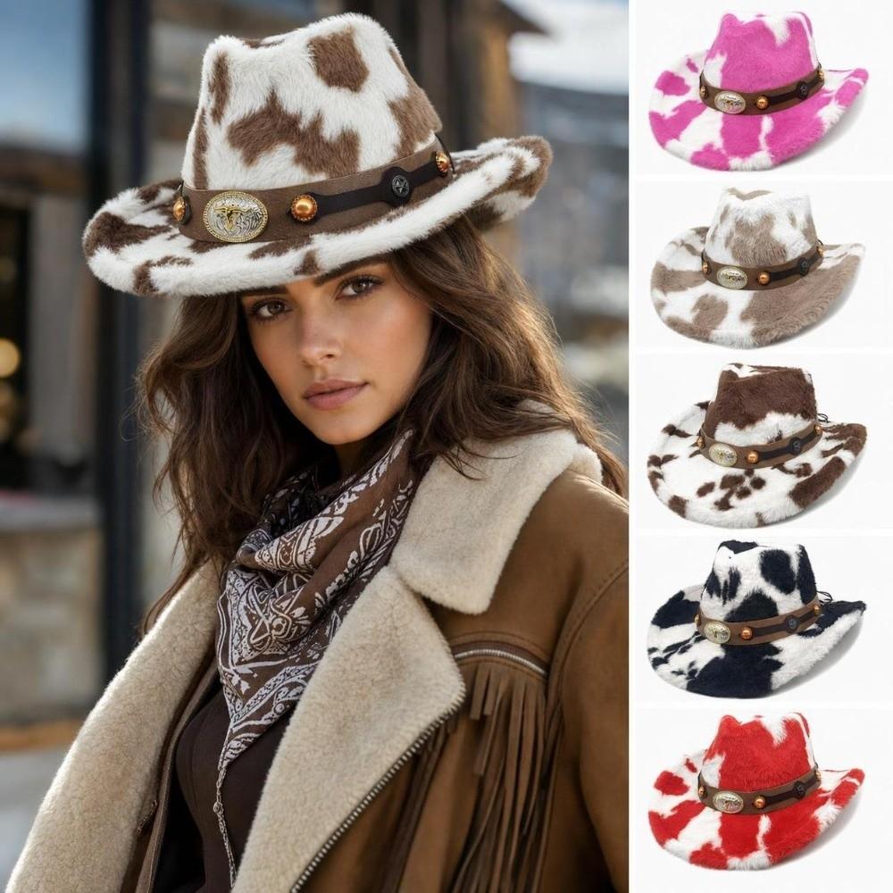 Metal Badge Faux Fur Hat Windproof Cowgirl Hat Vintage Western Cowboy Hat  Winter Wear