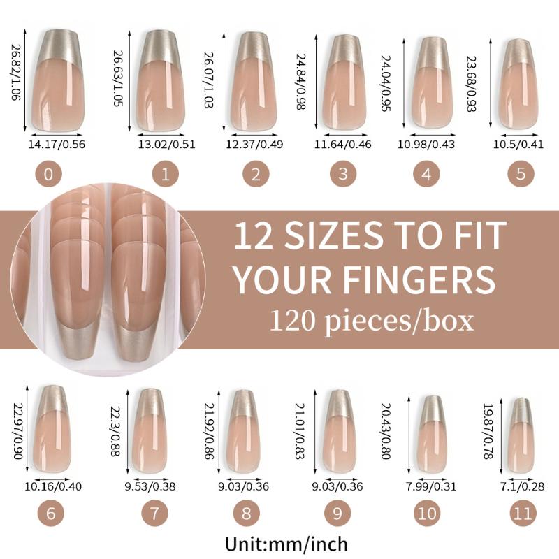 120Pcs/Box Nude Gold French Press On Nails 12Sizes Extra Trapezoid Full Cover Soft Gel False Nail Tips For Nail Extension