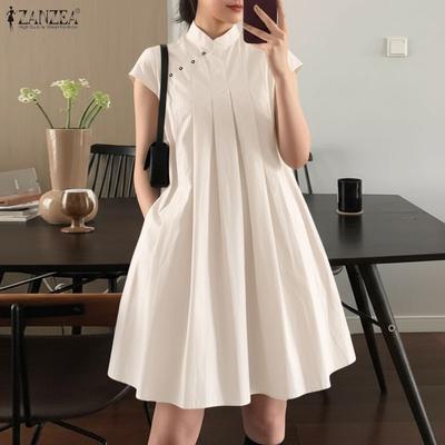 Women Casual Stand Collar Summer Short Sleeve Dress