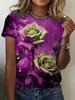 Teal & Purple Women's Tee - Dewy Rose Graphic, Vibrant Floral Print Design for Casual Daily Wear
