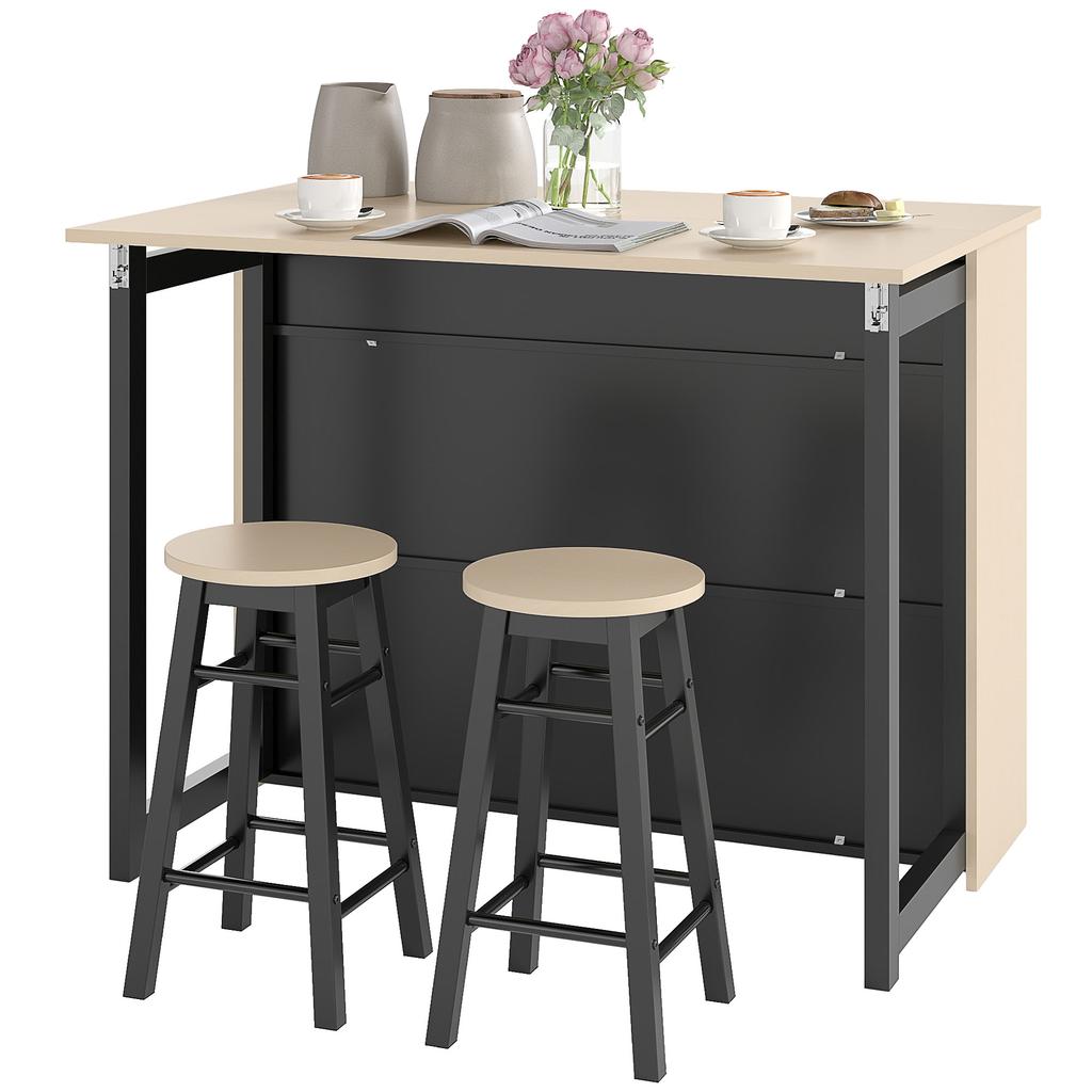 Set da Bar a 3 Pezzi, Tavolo da Bar con Piano Pieghevole, 2 Sgabelli da Bar, 6 Scomparti portaoggetti, Nero+Quercia, 116 x 70 x 89,5 cm