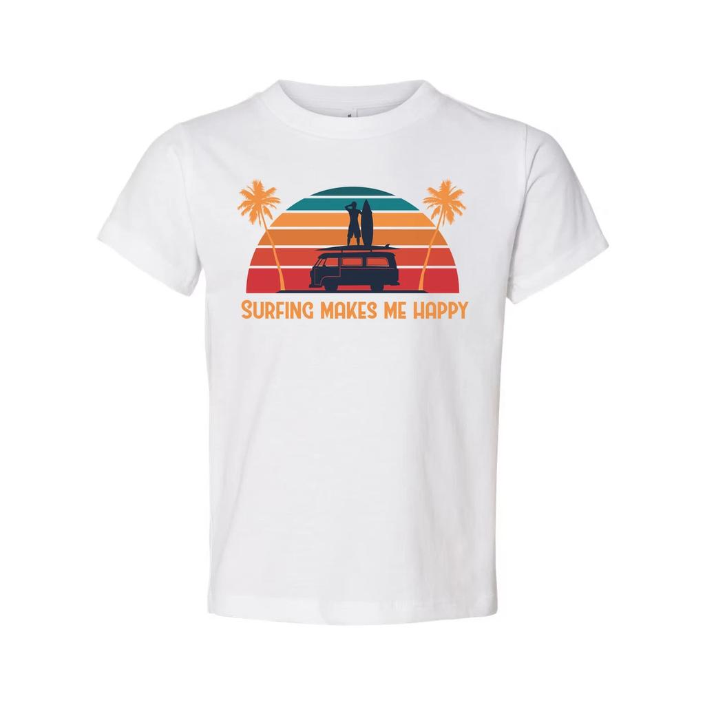 Surfing Makes Me Happy Unisex T Shirt With Retro Sunset Beach Scene And Surfboar