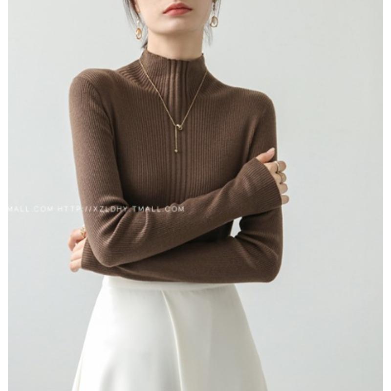 Women's Knitted Sweater Autumn/Winter New Style Apricot Long Sleeve Half High Collar Bottom Shirt