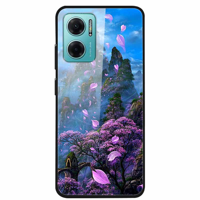 Case For Xiaomi Redmi Note 11E Luxury Tempered Glass Hard Back Cover For Redmi Note 11E Capa Shockproof Flower Funda Wolf Coque