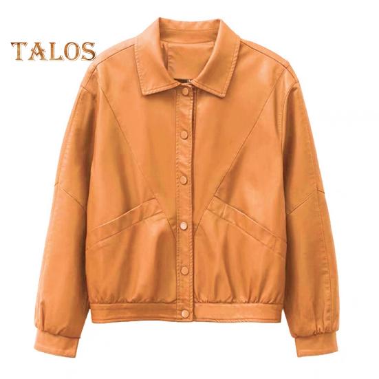 Women Jacket Faux Leather Smooth Surface Turn-down Collar Single-breasted Long Sleeves Pockets Retro Motorcycle Coat Office Commuting Travel Outerwear