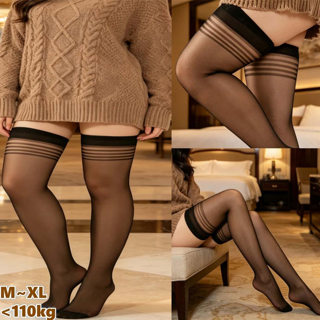 Women Sheer Sexy Elastic Hosiery Plus Size Striped Lace Thigh High Stockings Over Knee Stay Up Slim Fit Long Socks Big Size XXXL