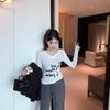 2025 Autumn Korean V-neck Long-sleeve Women's Letter Print Slim-fit T-shirt