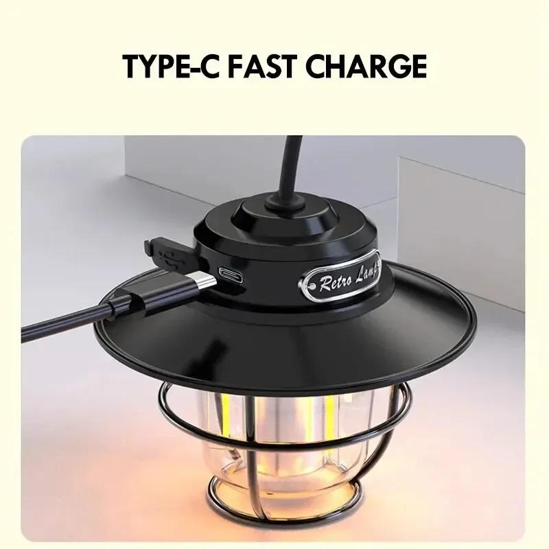 LED Camping Lamp Waterproof Retro Hanging Lamp USB Rechargeable Outdoor Light Lantern Portable Stepless Dimming Camping Light