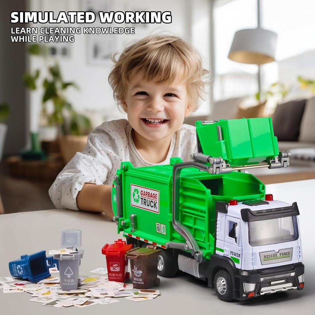 Garbage Truck Toys,Metal Diecast Cab,Pull Back with Lights and Sounds,Recycling Truck Toy with Trash Cans and Bins,Garbage Trucks for Boys Age 4-7
