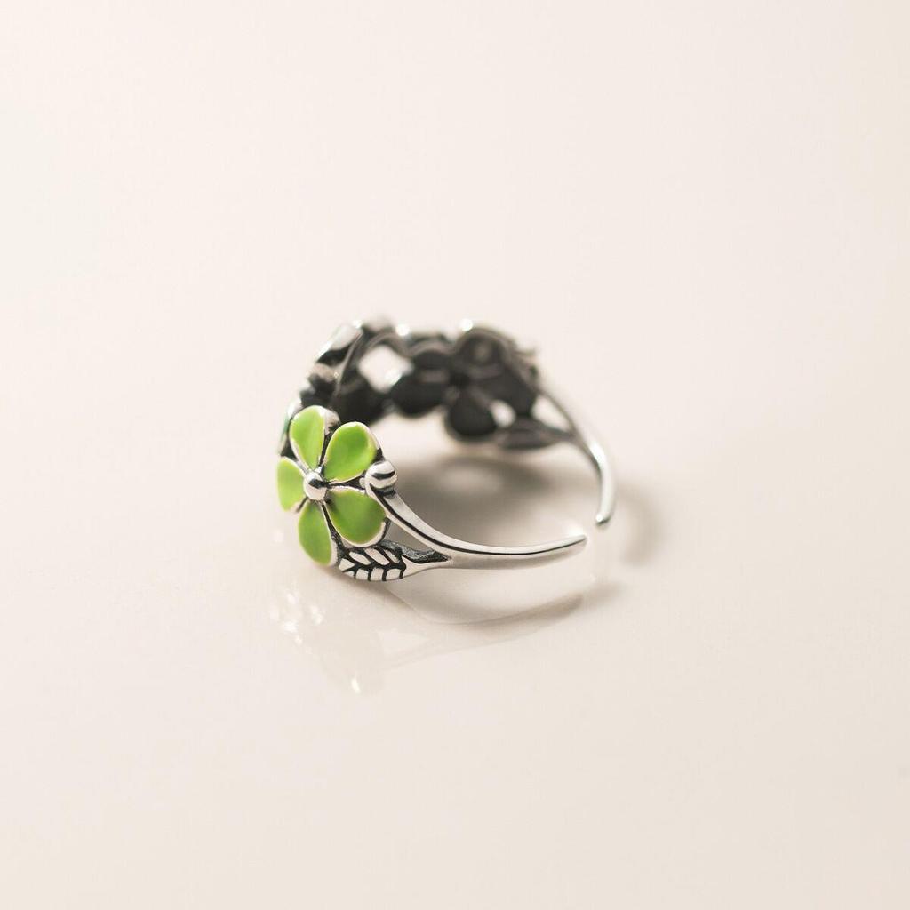 Cute Green Five Petals Flower Ring For Women Glue Dispensing Adjustable Open Ring Handmade Zircon Unisex Accessories Girl Gift