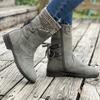 Stylish Women's Knitted and Faux Leather Boots with Tie Back and Side Zip - Comfortable and Fashionable Footwear