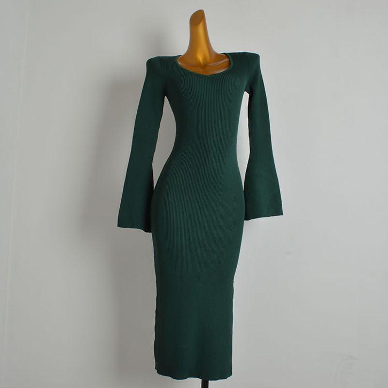 

Outer Single Solid Color Square Collar Bell Sleeve Knitting Dress Women s Fall and Winter Fancy Mid Length Long Length Sheath Slit One-Step Skirt Green S