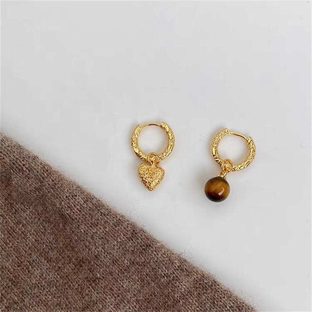 Asymmetric Love Heart Tiger's Eye Earrings Retro Foreign High-end Texture Detachable Design Casual Versatile Women's Niche Fashion Earrings