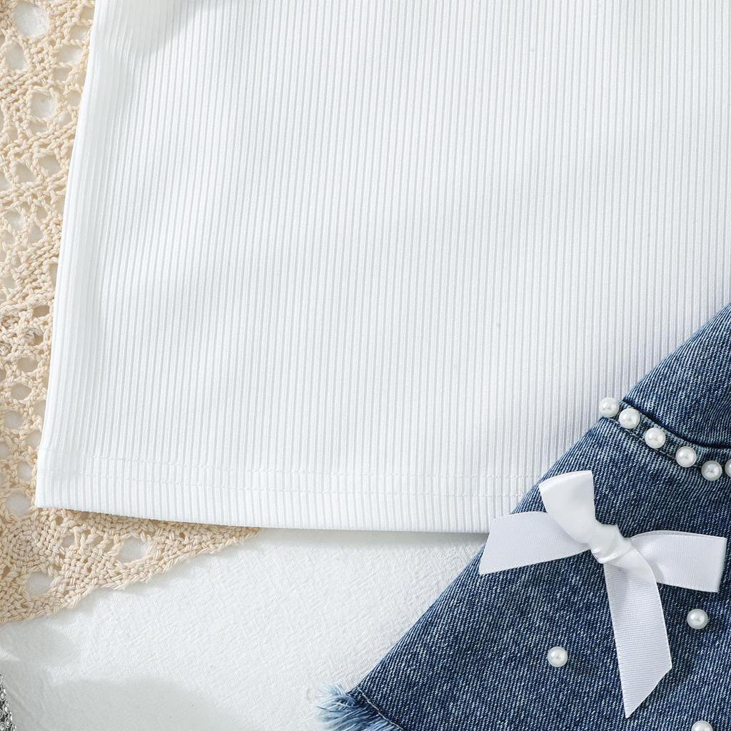 Baby Girls 2-Piece Outfit, Ribbed Ruffle Neck Top and Embellished Denim Shorts