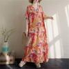 Cotton and linen printed round neck loose large size long sleeve fat MM plus fat plus size fake literary retro dress