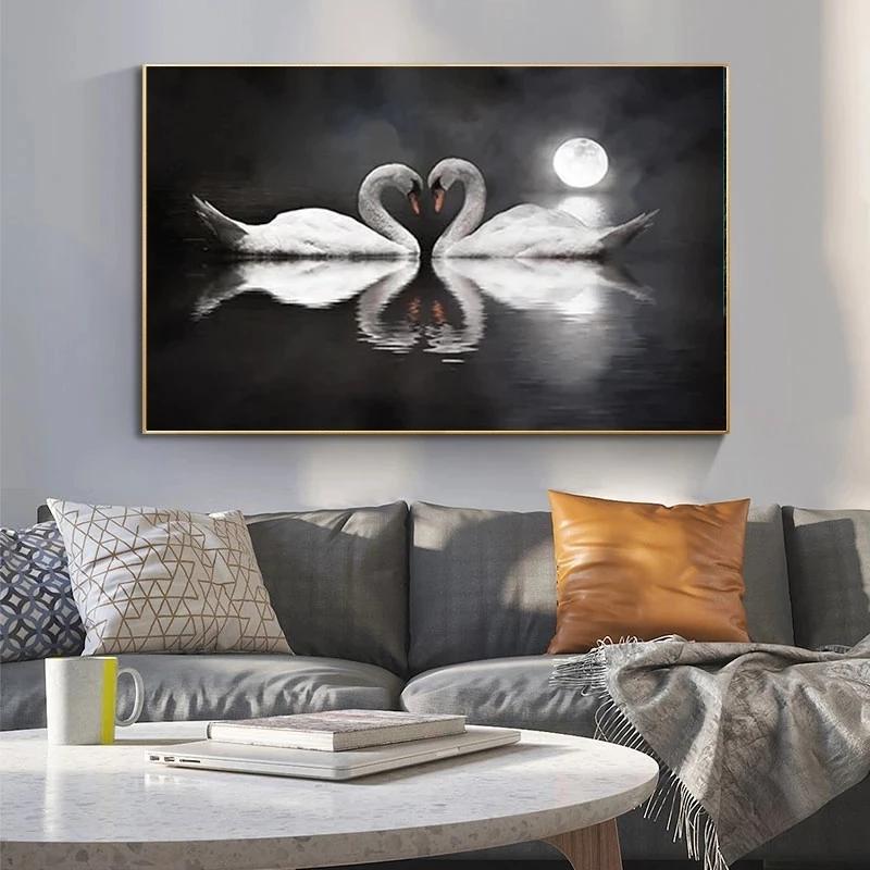 Night Lake Swan Love Picture Canvas Painting Posters and Prints Modern Wall Art Bedroom Bedside Living Room Home Decoration