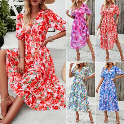 Dresses for Women's Spring and Summer Vacation Print Waist V-neck Chiffon Short-sleeved Long Skirt