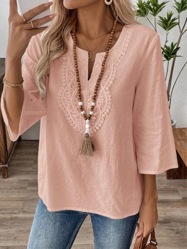

2025 European Elegant Casual Loose V-neck Lace Top for Women Extra Large