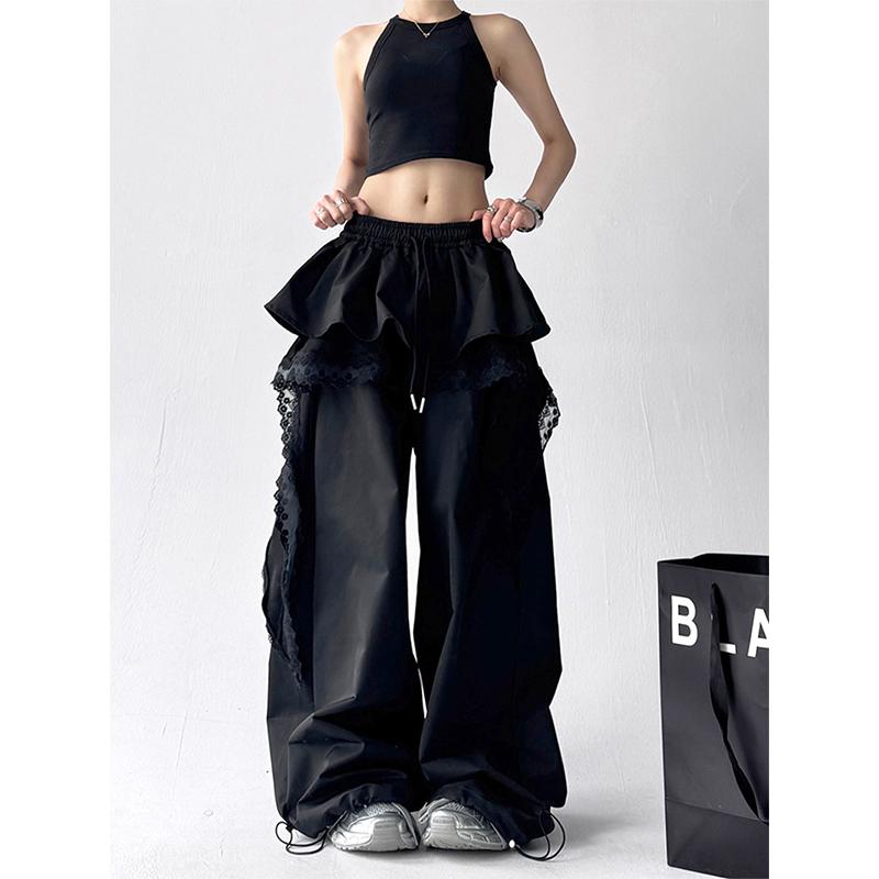 Pantaloni Larghi Estivi Gyaru Harajuku Coreani Pantaloni Cargo Neri Y2K Pantaloni a Gamba Larga Bianchi Patchwork di Pizzo Streetwear Donna