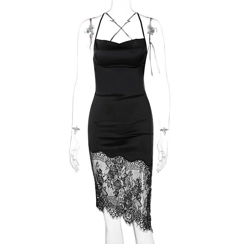

Cross Ins Hollow Backless Sheath Dress Lace Black S