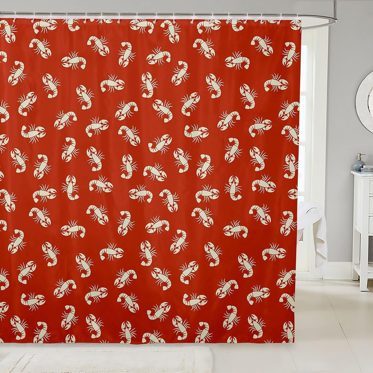 

White Lobster Pattern Waterproof Peva Fabric Shower Curtain With Hooks Red Solid Color Marine Life Theme Bathroom Decor180X200Cm W60H190(CM)-1 Pcs