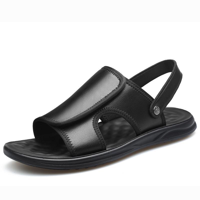 

Beach shoes men s spring and summer new trendy cowhide sandals wear soft leather soft sole low-top dual-purpose driving shoes 38 чёрный