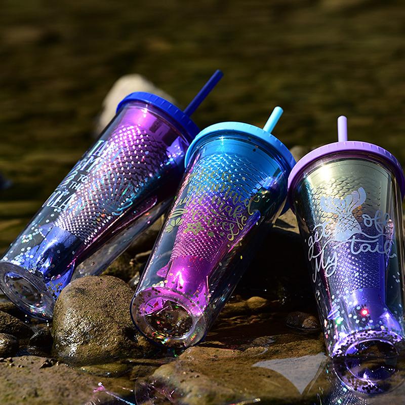 Electroplated Gradient Color 350ml 12oz Glitter Plastic Mermaid Tumbler Cup Merman Tumbler Cup Fishtail Fish Tail Tumbler Cup